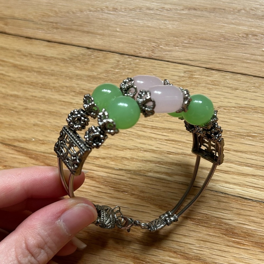 Silver Bangle with Pink and Green Gemstone Beads